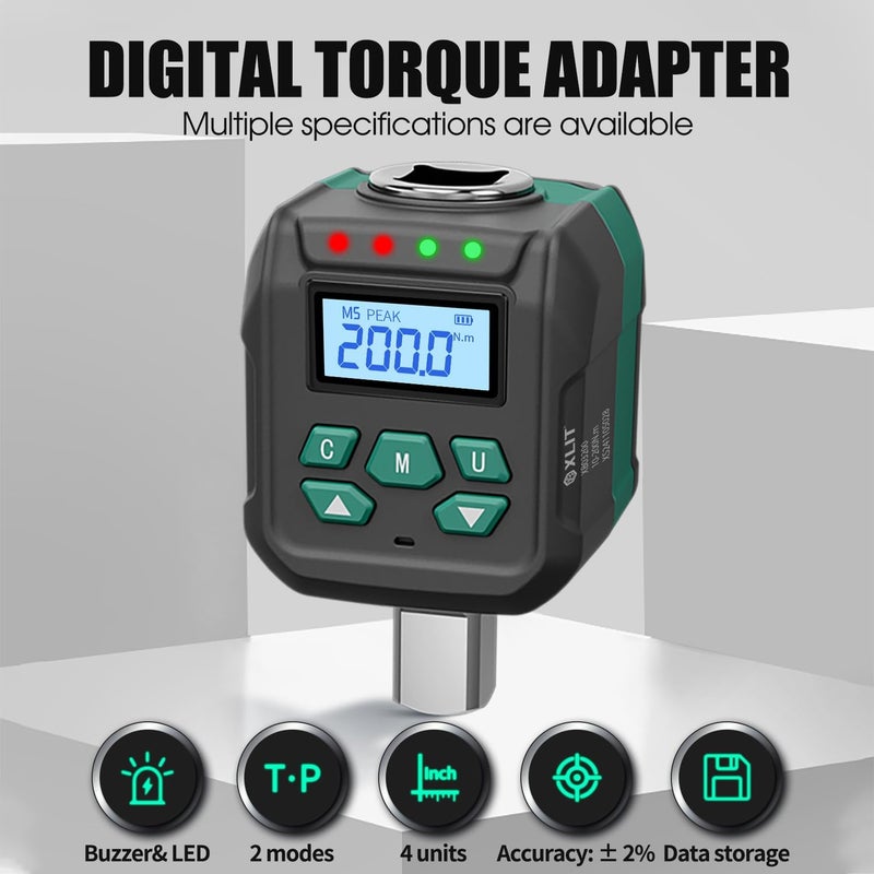 X-Lite 1/2“ Digital Torque Adapter Set with Socket Adapters (1/4", 3/8") - ±2% Accuracy, 7.4-147.5 ft-lb, Buzzer & LED Alerts, Working with Ratchet Wrench, Breaker Bar - For Automotive, Motorcycle & Car - Image 2